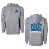 Gray pullover hoodie with kangaroo pocket, blue DBK and DIRT BIKE KIDZ logo on chest