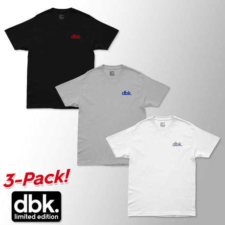 3-pack crew T-shirts: black, heather gray, white, each with dbk logo