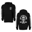 Black kid’s hoodie with front pocket, drawstring hood, and checkered sleeve stripes.