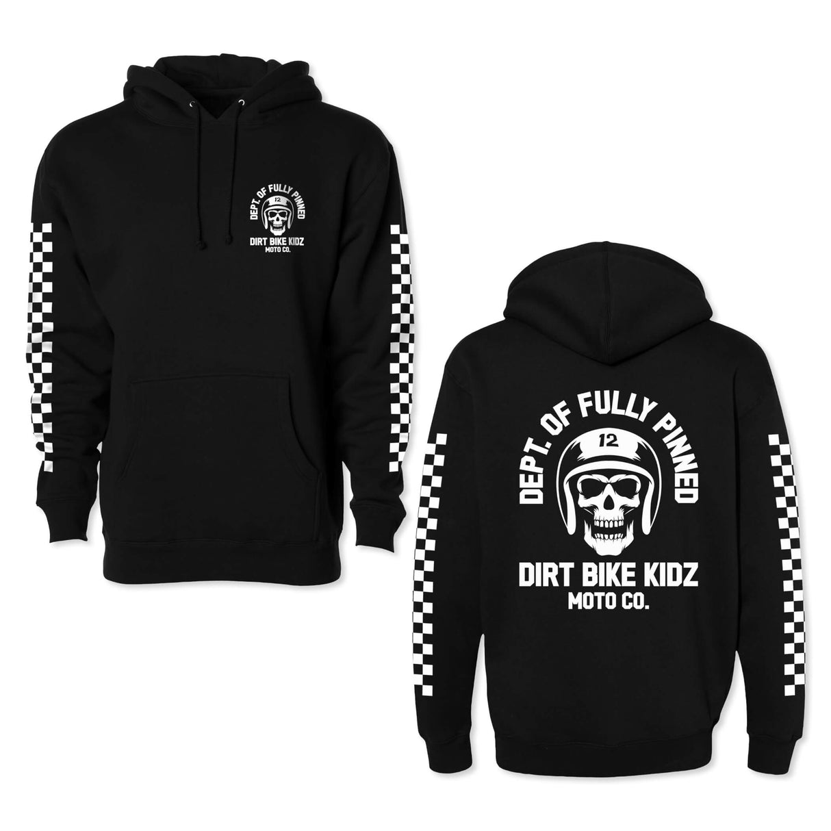 Black kid’s hoodie with front pocket, drawstring hood, and checkered sleeve stripes.