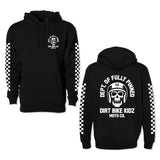 Black kid’s hoodie with front pocket, drawstring hood, and checkered sleeve stripes.