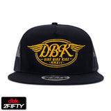 Black trucker cap with yellow DBKR wing logo on front, mesh side panels, flat brim