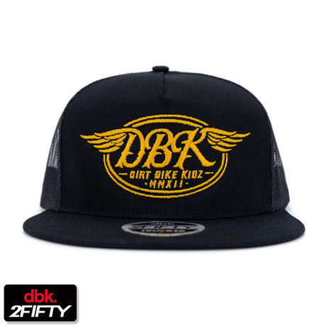 Black trucker cap with yellow DBKR wing logo on front, mesh side panels, flat brim