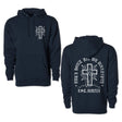 Navy hoodie with small front cross graphic, drawstring hood, and kangaroo pocket.