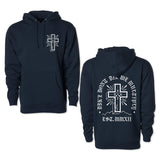 Navy hoodie with small front cross graphic, drawstring hood, and kangaroo pocket.