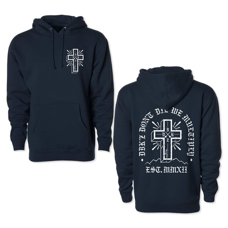 Navy hoodie with small front cross graphic, drawstring hood, and kangaroo pocket.