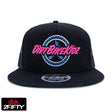 Black trucker cap with pink-and-blue circular logo on the front