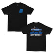 Black Safety Meeting tee with blue motocross logo on chest and large back graphic