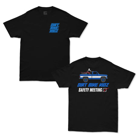 Black Safety Meeting tee with blue motocross logo on chest and large back graphic