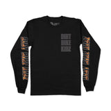 Black long-sleeve T-shirt with gray 'DIRT BIKE KIDZ' chest print and orange sleeve text