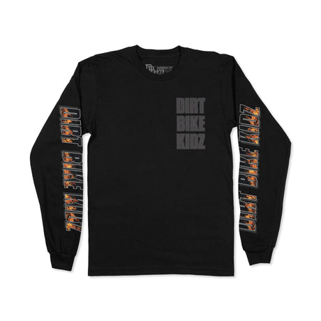 Black long-sleeve T-shirt with gray 'DIRT BIKE KIDZ' chest print and orange sleeve text