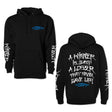 Black hoodie with blue chest logo, white sleeve print, and full back text graphic