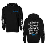 Black hoodie with blue chest logo, white sleeve print, and full back text graphic