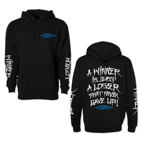 Winner Hoodie black with front logo, blue accents, and white graphic sleeve text