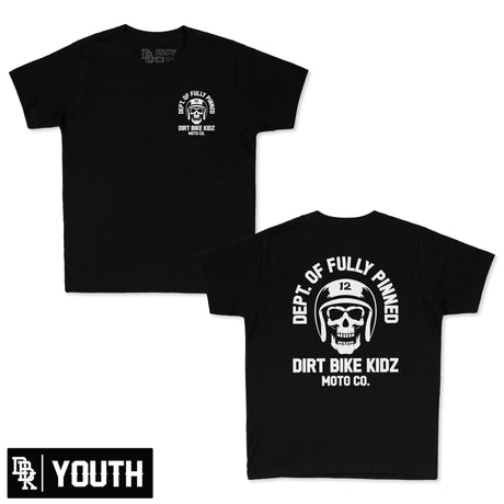Youth premium black T-shirt with small left chest skull logo and graphic text on front