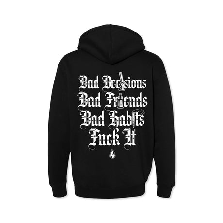 Bad Decisions hoodie, black back print with gothic text and small flame icon