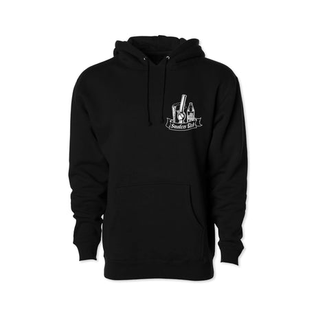 Bad Decisions hoodie black, front view with small chest logo and kangaroo pocket
