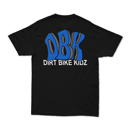 Black short-sleeve tee with large back DBK Dirt Bike Kidz graphic.