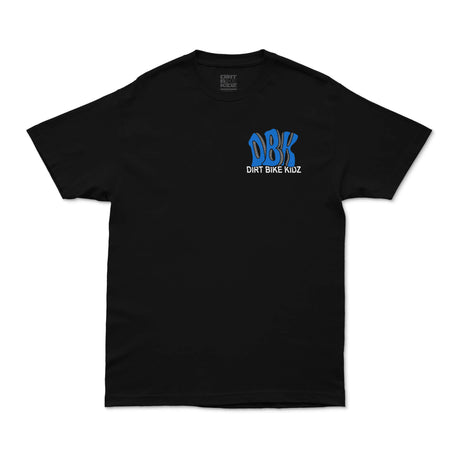 Black short-sleeve tee with small blue DBK Dirt Bike Kidz logo on chest.