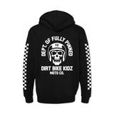 Black kid’s hoodie with back skull graphic, “DIRT BIKE KIDZ” text, and checkered sleeves.