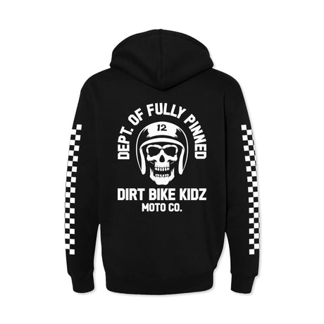 Fully Pinned Hoodie hinten: weißes Totenkopf-Logo, karierte Ärmelstreifen, Kapuze