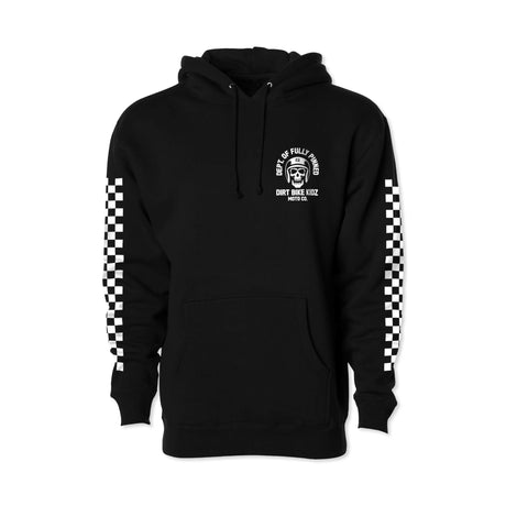 Schwarzer Hoodie mit Kapuze, Fronttasche und karrierten Ärmelstreifen