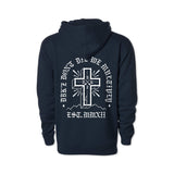 Navy hoodie back view with large white cross artwork and lettering, hood and pocket.