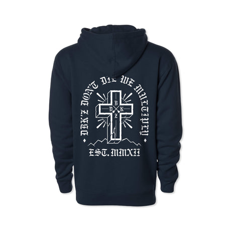 Navy hoodie back view with large white cross artwork and lettering, hood and pocket.