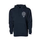 Navy pullover hoodie with small chest cross emblem, drawstring hood, front pocket.