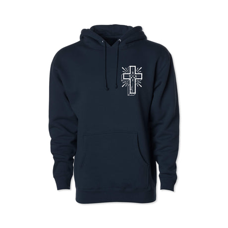 Navy pullover hoodie with small chest cross emblem, drawstring hood, front pocket.