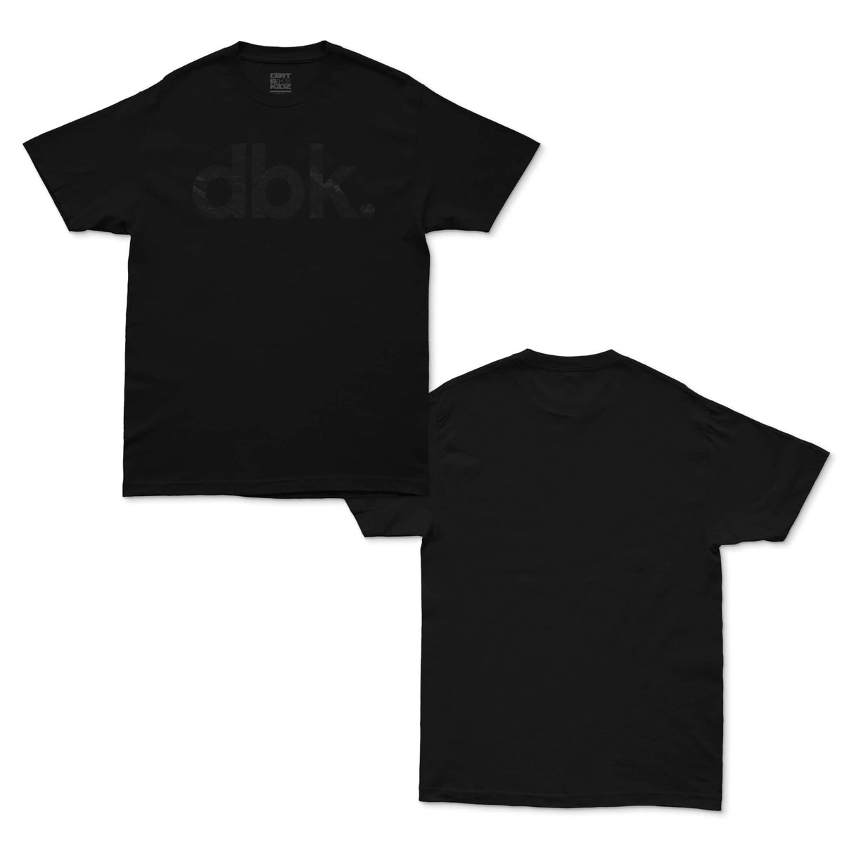 Two black dbk graphic T-shirts shown in separate front views