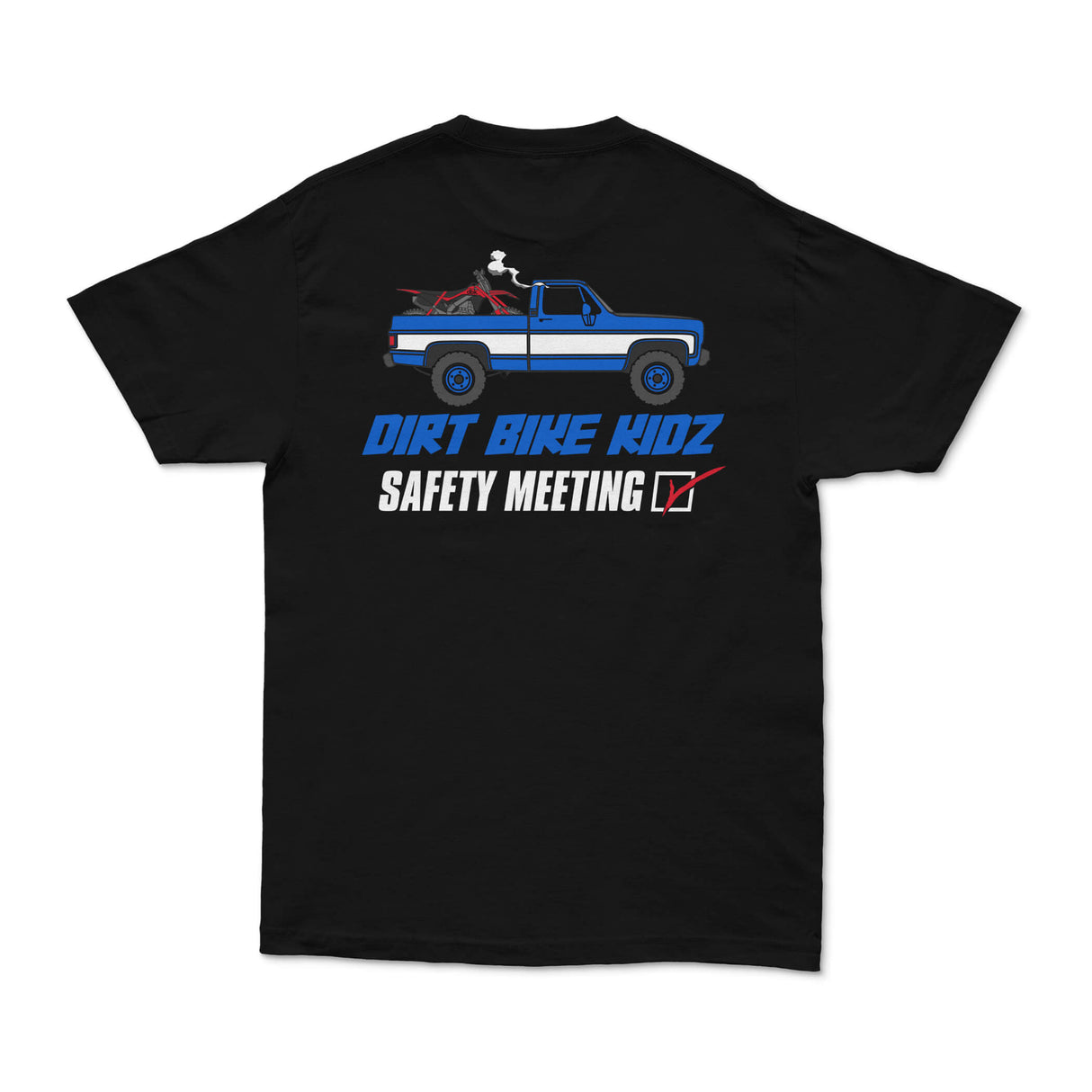 Black Safety Meeting tee with large back Dirt Bike Kidz Safety Meeting graphic