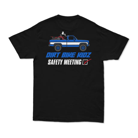 Black Safety Meeting tee with large back Dirt Bike Kidz Safety Meeting graphic