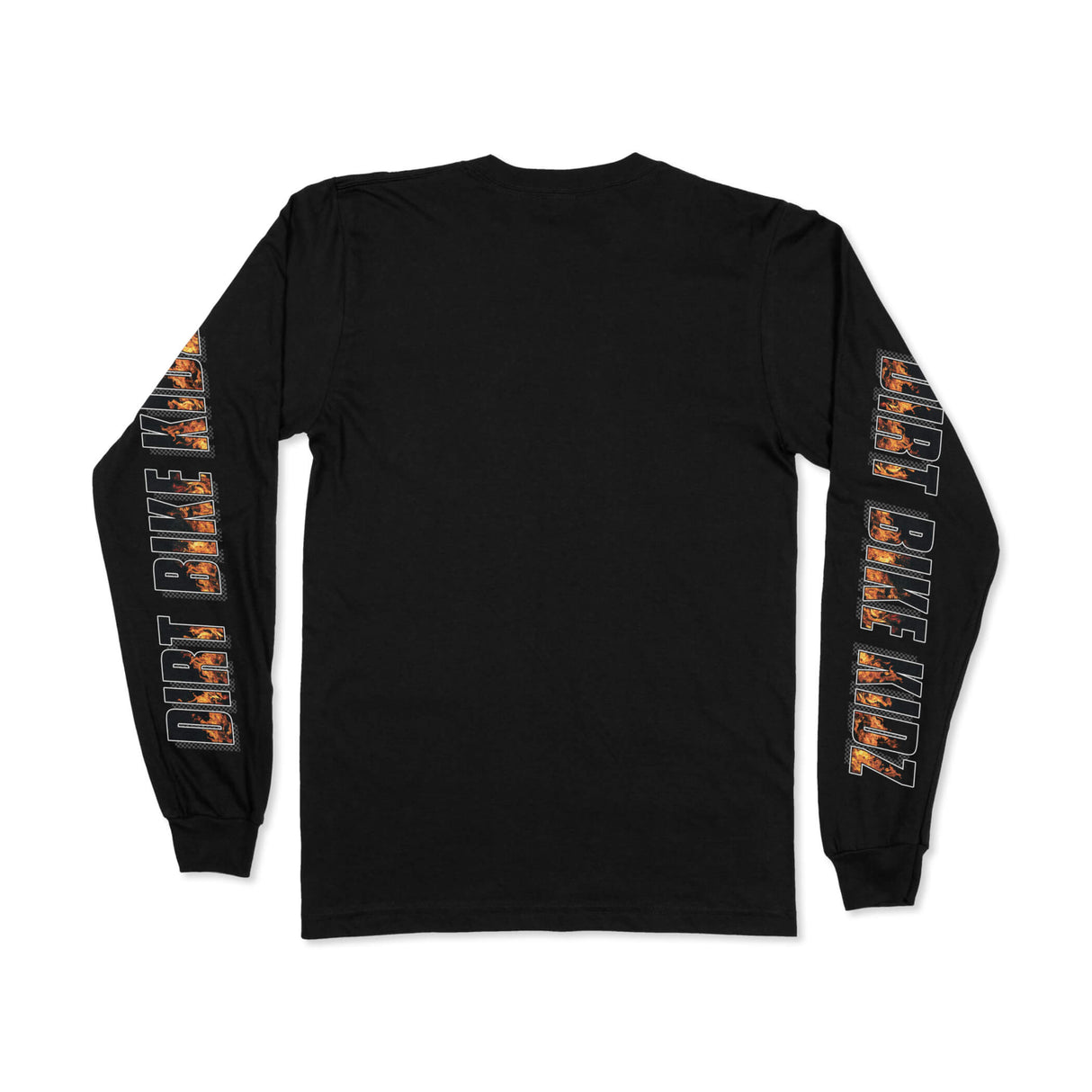 Black long-sleeve T-shirt back view with orange 'DIRT BIKE KIDZ' sleeve print