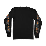 Black long-sleeve T-shirt back view with orange 'DIRT BIKE KIDZ' sleeve print