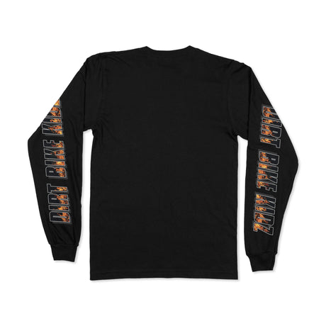 Black long-sleeve T-shirt back view with orange 'DIRT BIKE KIDZ' sleeve print