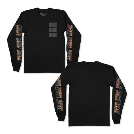 Black long-sleeve T-shirt pair; gray 'DIRT BIKE KIDZ' chest print, orange graphic sleeves