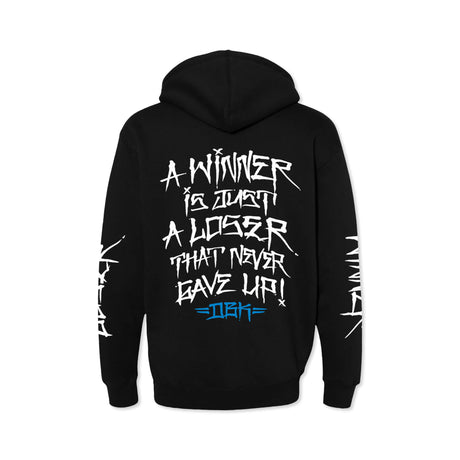 Winner Hoodie black with back white slogan graphic and blue underline