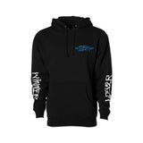 Black hoodie front view with blue chest logo and white sleeve lettering
