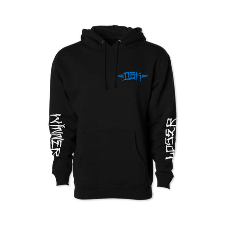 Winner Hoodie black: front blue logo, kangaroo pocket, white graphic on both sleeves
