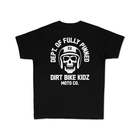 Youth premium black T-shirt back with large white skull helmet logo and “DIRT BIKE KIDZ”