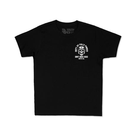 Youth premium black T-shirt front with small right chest logo: skull, helmet, and “DIRT BIKE KIDZ”