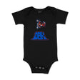 Black baby onesie with motocross rider and blue ORB graphic, snap-button crotch