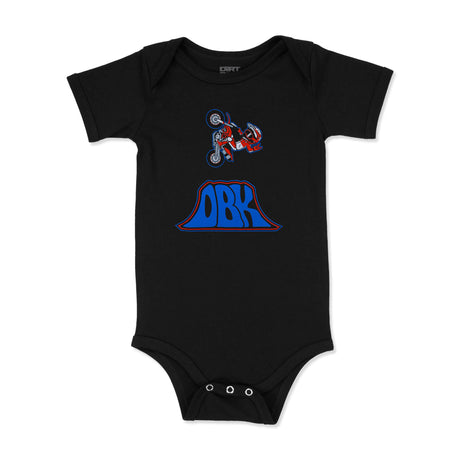 Black baby onesie with motocross rider and blue ORB graphic, snap-button crotch