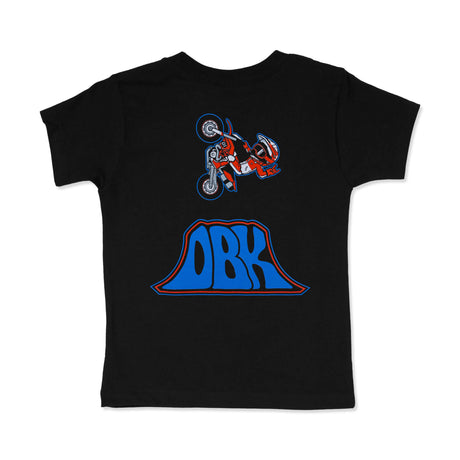 Toddler black T-shirt with front motorcycle rider and ORK ramp graphic