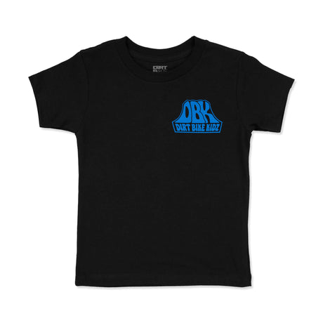 Toddler black T-shirt with small blue ORK Dirt Bike Kidz chest graphic