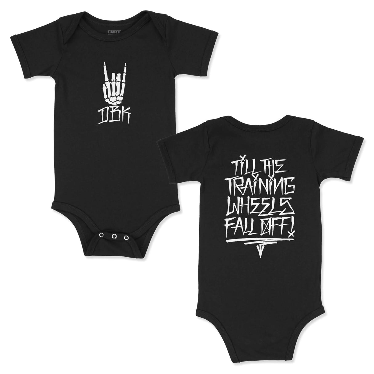 Black baby bodysuit onesie with white hand graphic and small text on chest