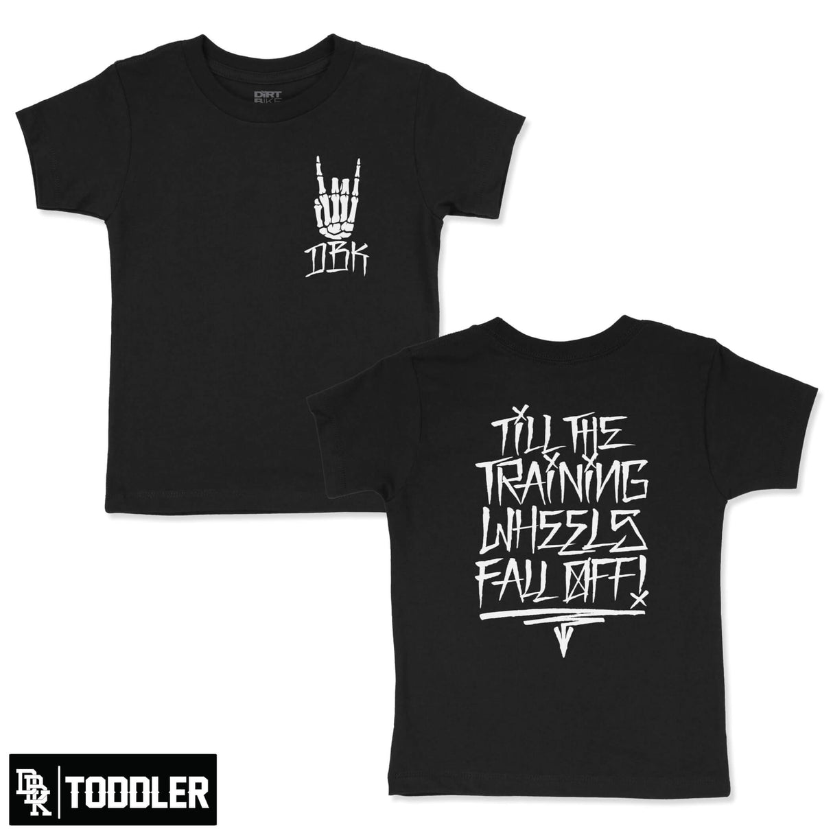 Black toddler tee set, front and back views with white hand logo graphic