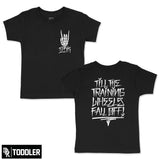 Black toddler tee set, front and back views with white hand logo graphic
