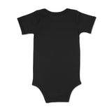 Black short-sleeve baby onesie with snap closure at leg opening